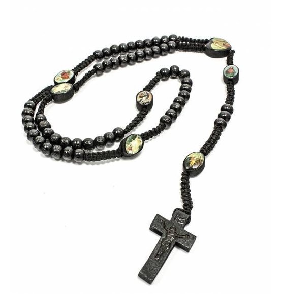 Wood Rosary Black With Saints / Relief