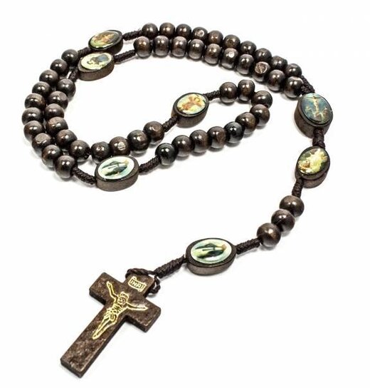 Wooden Rosary Dark Brown With Saints / Silver