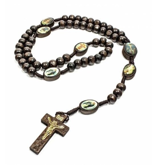 Wooden Rosary Dark Brown With Saints / Silver