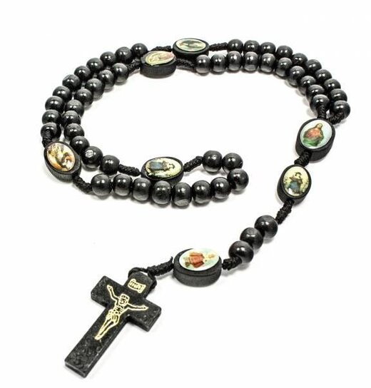 Wood Rosary Black With Saints / Gold
