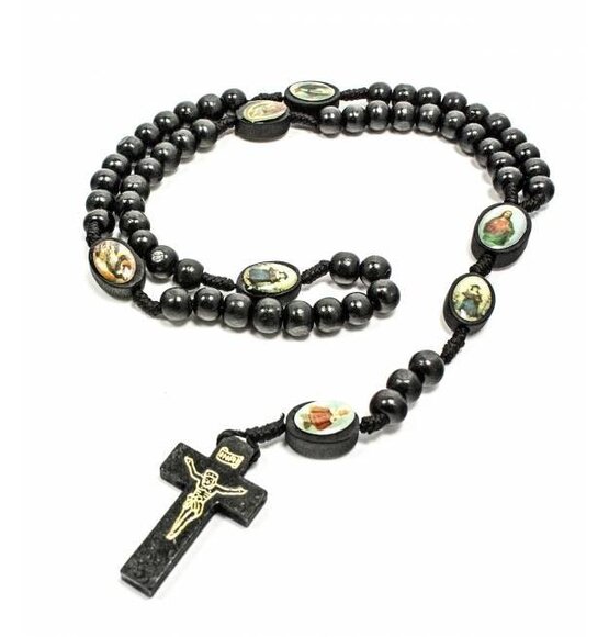 Wood Rosary Black With Saints / Gold