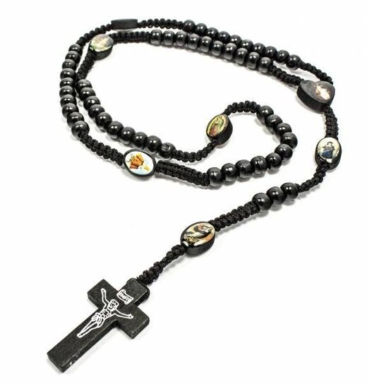 Wood Rosary Black With Saints / Silver