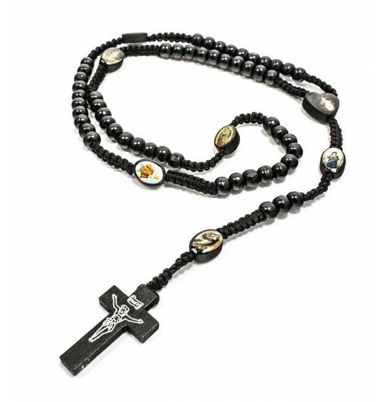 Wood Rosary Black With Saints / Silver