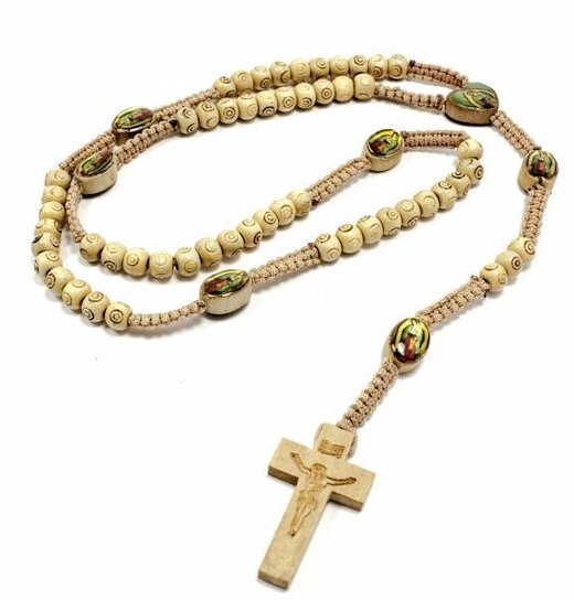 Light Brown Wood Rosary With Saints / Silver