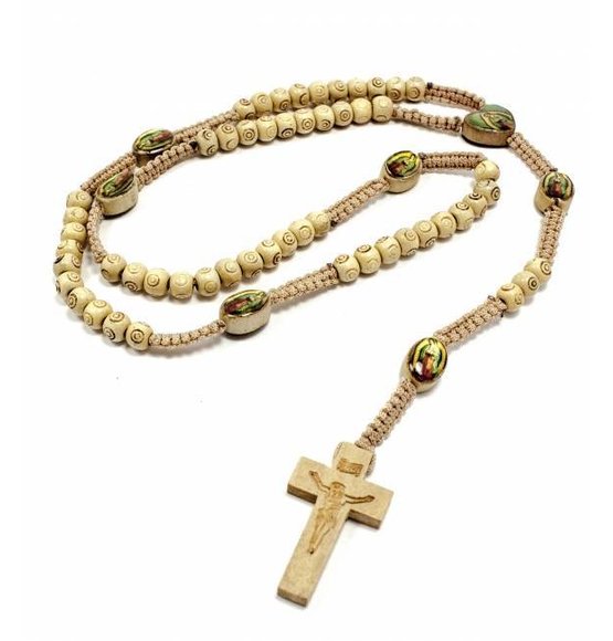 Light Brown Wood Rosary With Saints / Silver