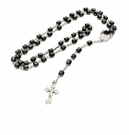 Rosenkranz Silber / Anthrazit-Zylinder-Korn-Metall