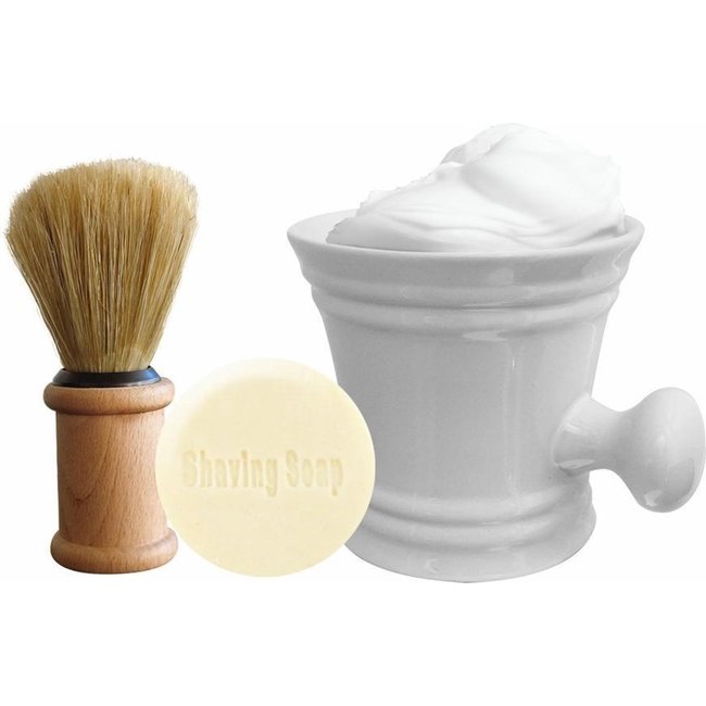 The Shave Factory Shave Set White Porcelain Shaving Bowl, Shaving Brush and Shaving Soap.