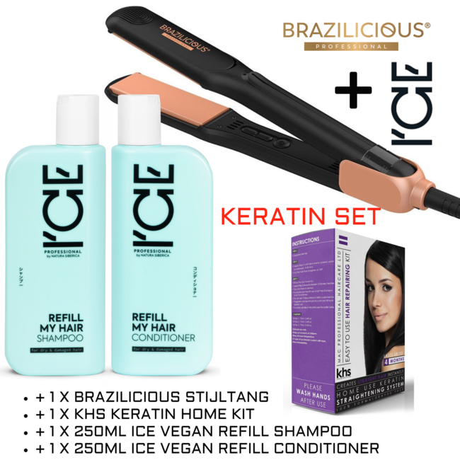 BRAZILICIOUS KERATIN SET Stijltang 48K Therapy 250 º + keratin Kit + Naverzorging