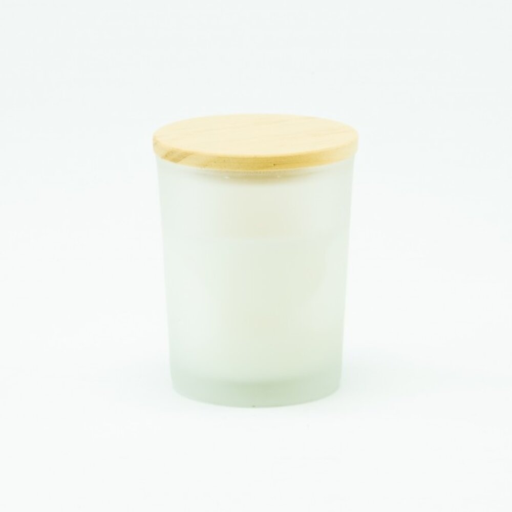 Geurkaarsje Met Houten Deksel - Frosted Wit Geurkaarsje Met Houten Deksel - Frosted Wit