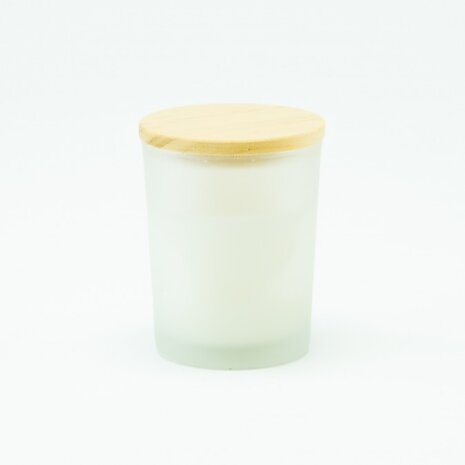 Geurkaarsje Met Houten Deksel - Frosted Wit Geurkaarsje Met Houten Deksel - Frosted Wit