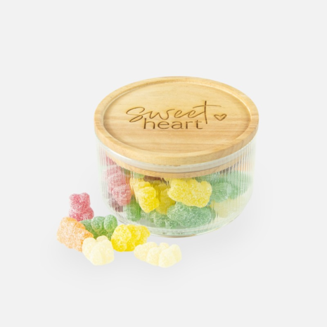 Set van 3 Glazen cylinderpotten met geribbelde binnenzijde en houten deksel