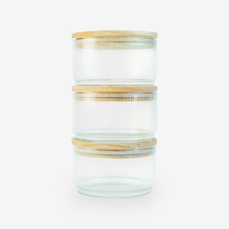 Set van 3 Glazen cylinderpotten met geribbelde binnenzijde en houten deksel