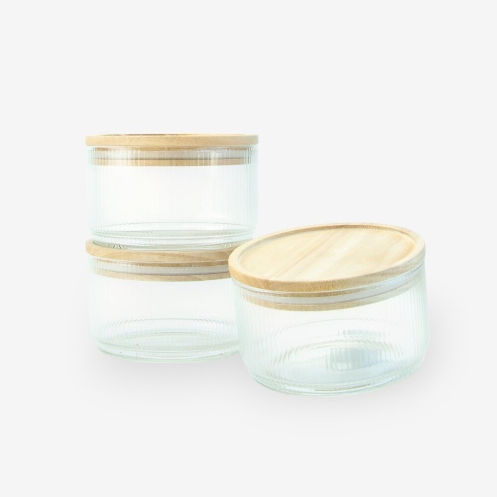Set van 3 Glazen cylinderpotten met geribbelde binnenzijde en houten deksel