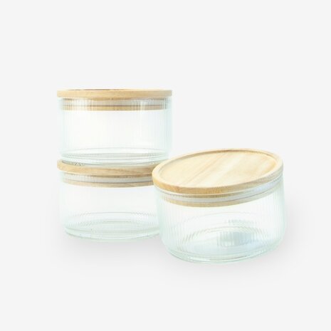 Set van 3 Glazen cylinderpotten met geribbelde binnenzijde en houten deksel
