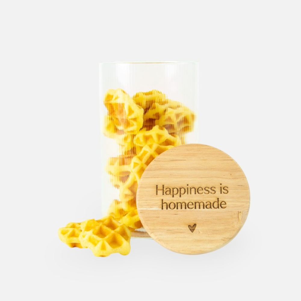 Glazen cylinderpot met geribbelde binnenzijde en houten deksel Glazen cylinderpot met geribbelde binnenzijde en houten deksel