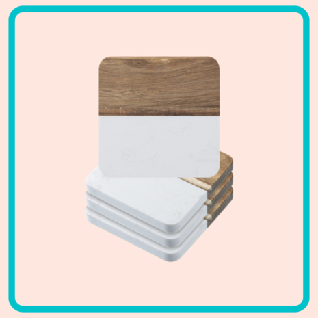 Set van 4 vierkante onderzetters van marmer en acaciahout