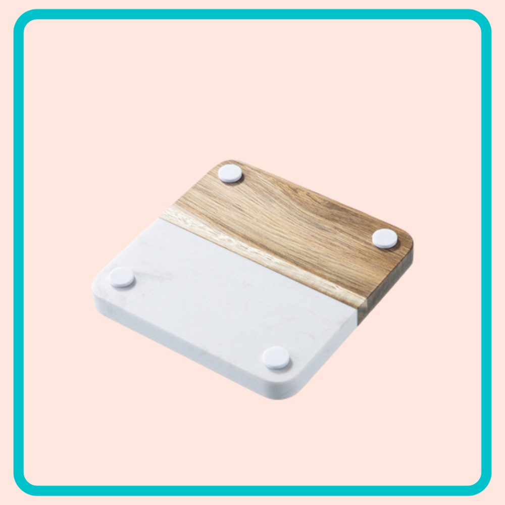 Set van 4 vierkante onderzetters van marmer en acaciahout