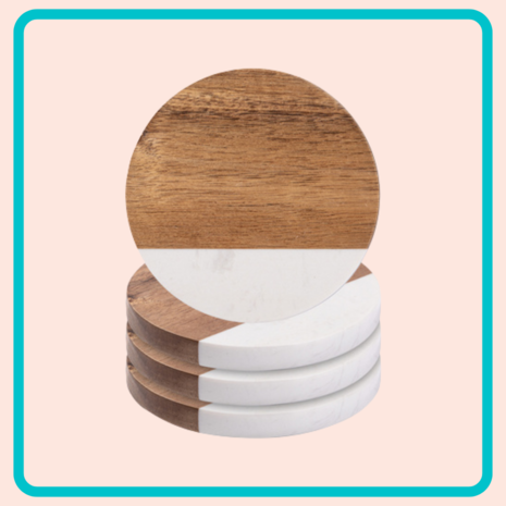 Set van 4 ronde onderzetters van marmer en acaciahout Set van 4 ronde onderzetters van marmer en acaciahout