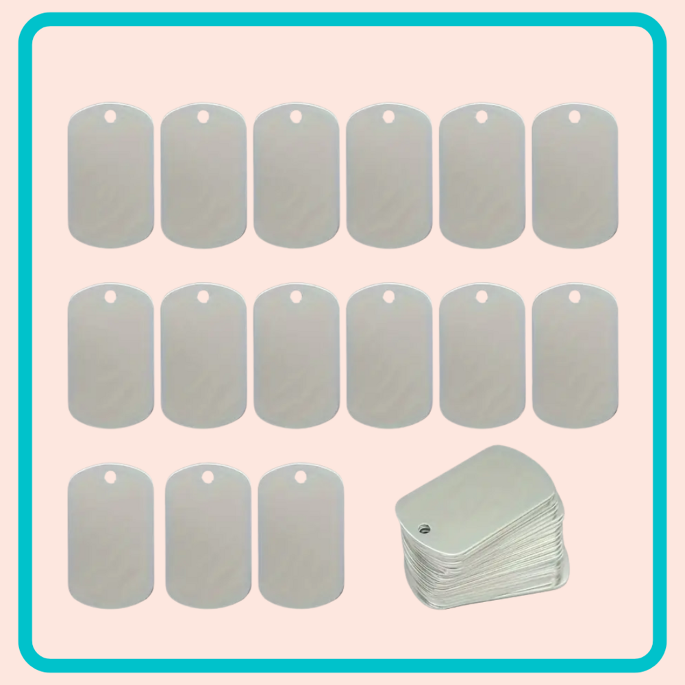 Dubbelzijdige tag uit metaal (per stuk) Dubbelzijdige tag uit metaal (per stuk)