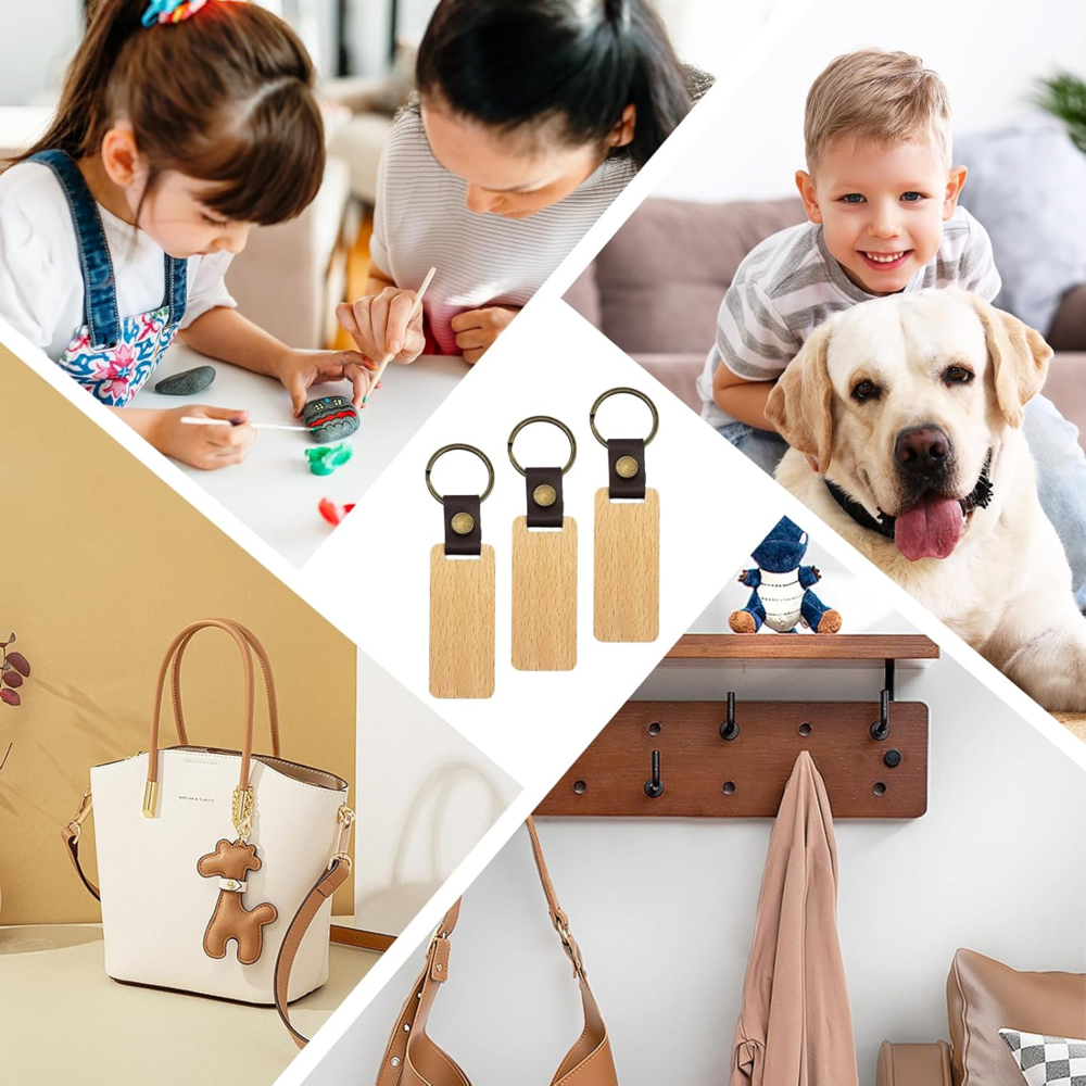 Houten Sleutelhanger met PU-Leren Accent Houten Sleutelhanger met PU-Leren Accent