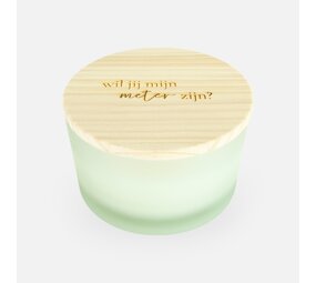 Luxe geurkaars laag frosted wit met houten deksel - 'Wil jij mijn meter zijn?' Luxe geurkaars laag frosted wit met houten deksel - 'Wil jij mijn meter zijn?'