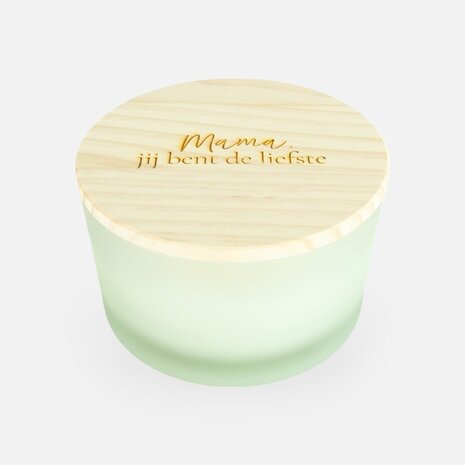 Luxe geurkaars laag frosted wit met houten deksel - 'mama, jij bent de liefste' Luxe geurkaars laag frosted wit met houten deksel - 'mama, jij bent de liefste'