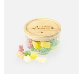 Glazen cylinderpot met geribbelde binnenzijde en houten deksel - 'You make my heart smile' Glazen cylinderpot met geribbelde binnenzijde en houten deksel - 'You make my heart smile'