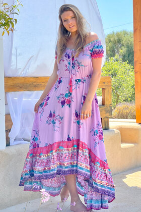 Maxi Vestido Hombros Caídos Arco Iris Lila