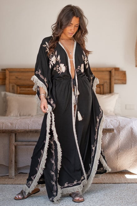 Long Kimono Fringe Black/ Sand Gold