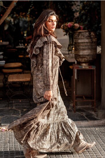 Vestido largo Ruffle Sparkle Taupe Gold