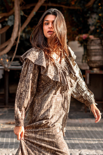 Long Dress Ruffle Sparkle Taupe Gold