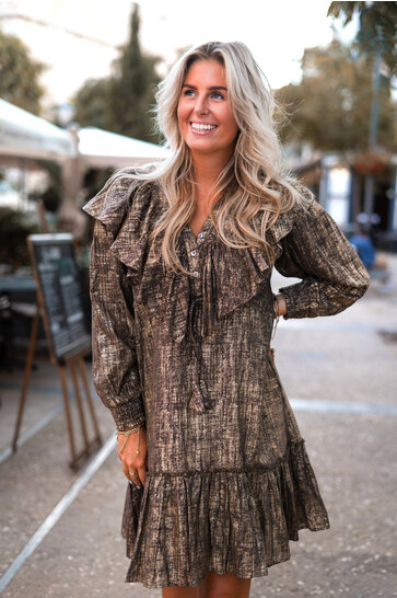Short Dress Ruffle Sparkle Taupe Gold