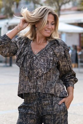 Blouse Ruffle Sparkle Black Gold