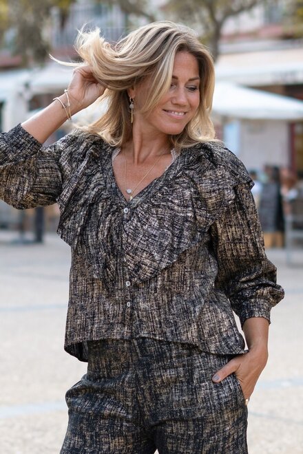 Blouse Ruffle Sparkle Black Gold