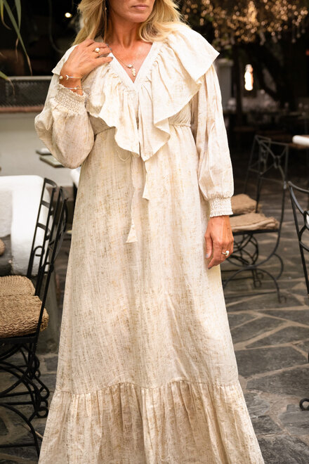 Long Dress Ruffle Sparkle Ecru Gold