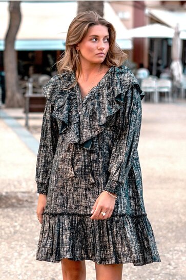 Vestido corto Ruffle Sparkle Negro Oro