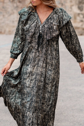 Long Dress Ruffle Sparkle Black Gold