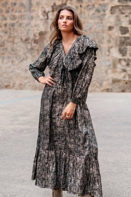 Long Dress Ruffle Sparkle Black Gold