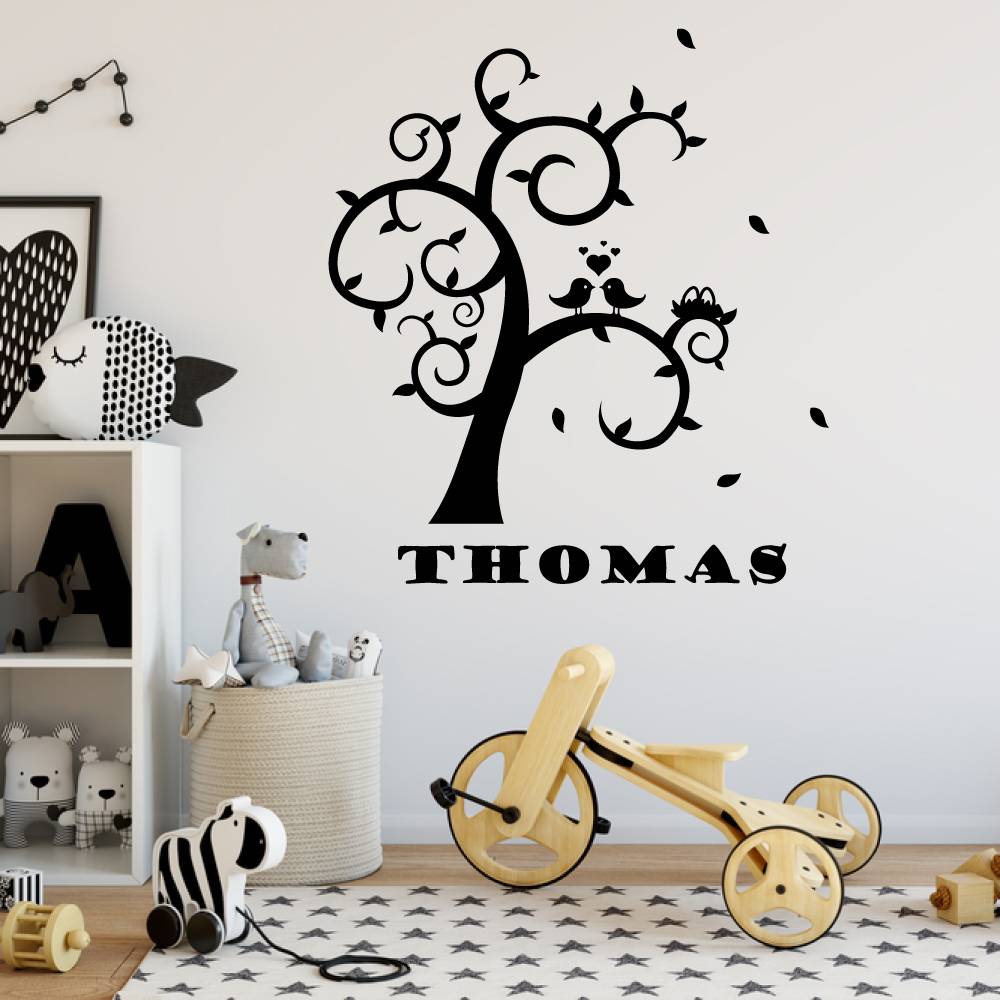 Muursticker Boom met vogels en naam