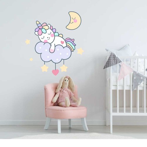 Muursticker eenhoorn op wolk Muursticker eenhoorn op wolk