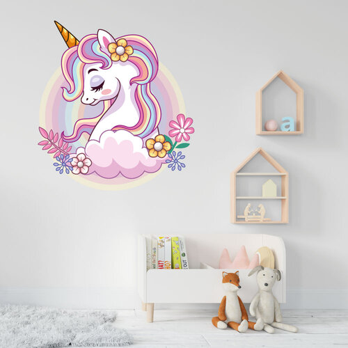 Muursticker Unicorn met wolk en bloemen Muursticker Unicorn met wolk en bloemen