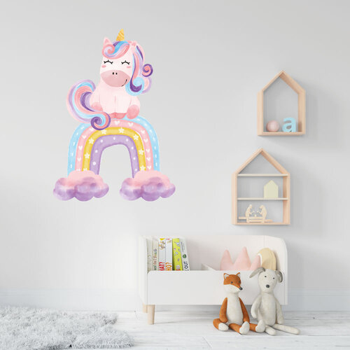 Muursticker Unicorn op regenboog Muursticker Unicorn op regenboog