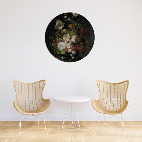 Muurcirkel Stilleven met bloemen in een glazen vaas, Rachel-Ruysch Muurcirkel Stilleven met bloemen in een glazen vaas, Rachel-Ruysch