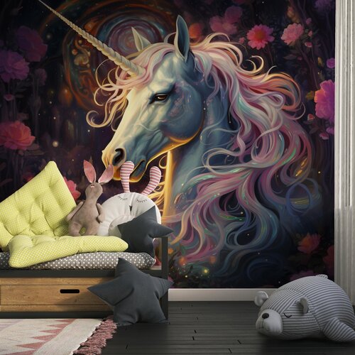 Fotobehang unicorn/eenhoorn met roze manen en bloemen op de achtergrond Fotobehang unicorn/eenhoorn met roze manen en bloemen op de achtergrond