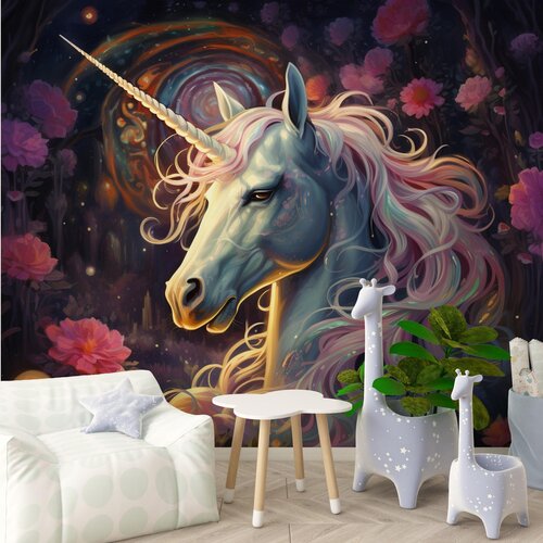 Fotobehang unicorn/eenhoorn met roze manen en bloemen op de achtergrond Fotobehang unicorn/eenhoorn met roze manen en bloemen op de achtergrond