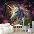 Fotobehang unicorn/eenhoorn met roze manen en bloemen op de achtergrond Fotobehang unicorn/eenhoorn met roze manen en bloemen op de achtergrond