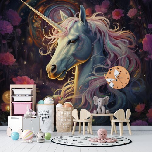 Fotobehang unicorn/eenhoorn met roze manen en bloemen op de achtergrond Fotobehang unicorn/eenhoorn met roze manen en bloemen op de achtergrond