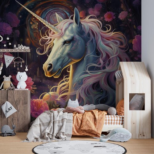 Fotobehang unicorn/eenhoorn met roze manen en bloemen op de achtergrond Fotobehang unicorn/eenhoorn met roze manen en bloemen op de achtergrond
