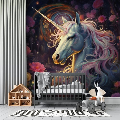 Fotobehang unicorn/eenhoorn met roze manen en bloemen op de achtergrond Fotobehang unicorn/eenhoorn met roze manen en bloemen op de achtergrond