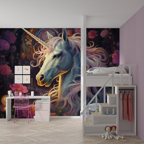 Fotobehang unicorn/eenhoorn met roze manen en bloemen op de achtergrond Fotobehang unicorn/eenhoorn met roze manen en bloemen op de achtergrond